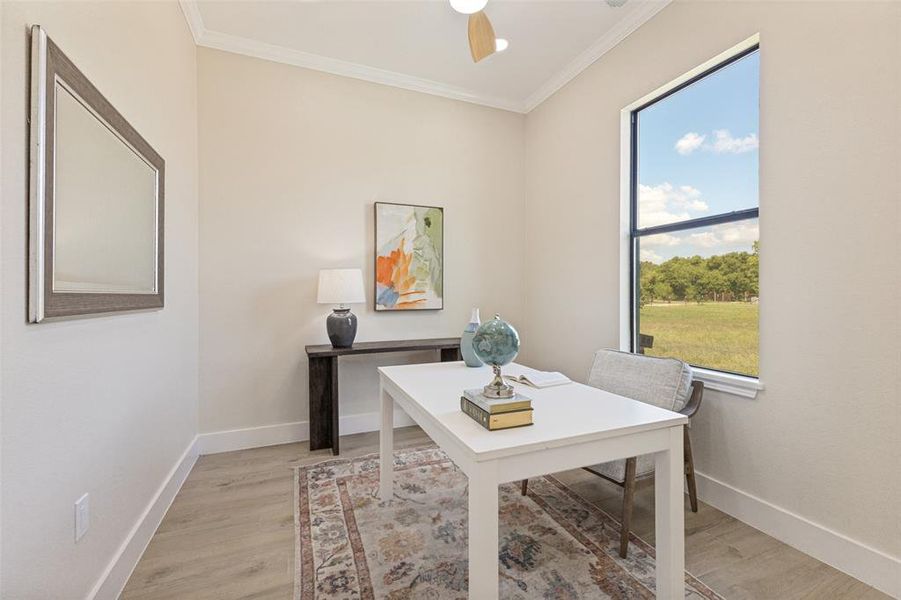 Room featuring wood-finish flooring, a large window, crown molding, and neutral wall tones