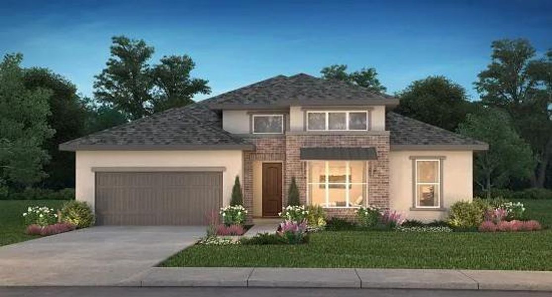 Front exterior of a new home in Del Bello Lakes 60', Manvel, TX, highlighting curb appeal (Image 1).