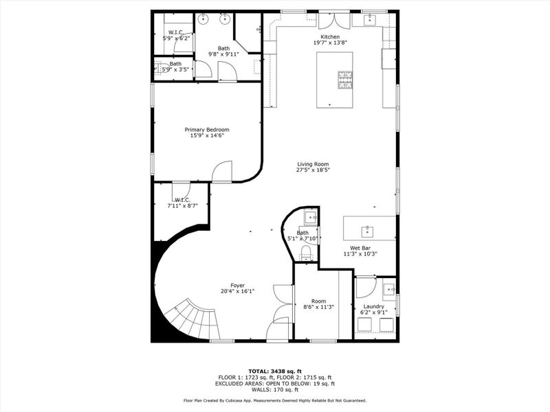 First floor layout reveals a spacious open concept with primary suite, kitchen, wet bar, laundry room, half bath, and home office/study. First floor layout reveals a spacious open concept with primary suite, kitchen, wet bar, laundry room, half bath, and home office/study.