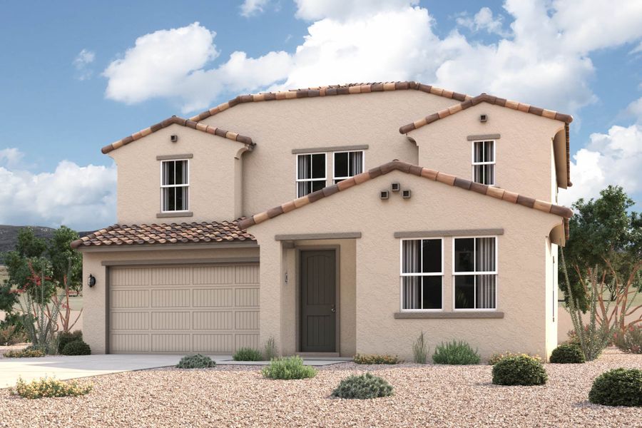 Front exterior of a new home in Silver Cross, Florence, AZ, highlighting curb appeal (Image 1). Front exterior of a new home in Silver Cross, Florence, AZ, highlighting curb appeal (Image 1).