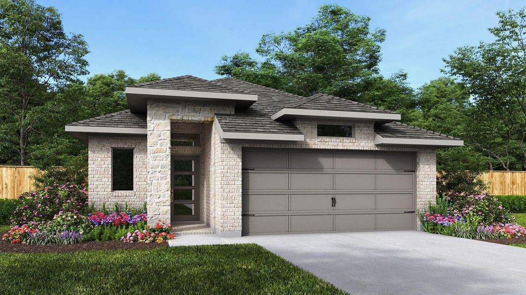 Front exterior of a new home in Meridiana 40'/45', Manvel, TX, highlighting curb appeal (Image 1). Front exterior of a new home in Meridiana 40'/45', Manvel, TX, highlighting curb appeal (Image 1).