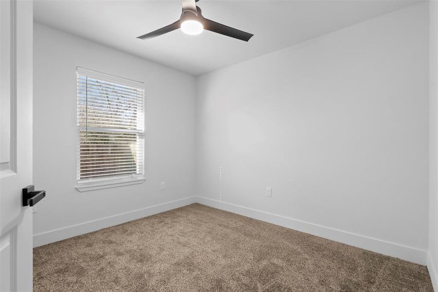 Empty room with ceiling fan and carpet flooring