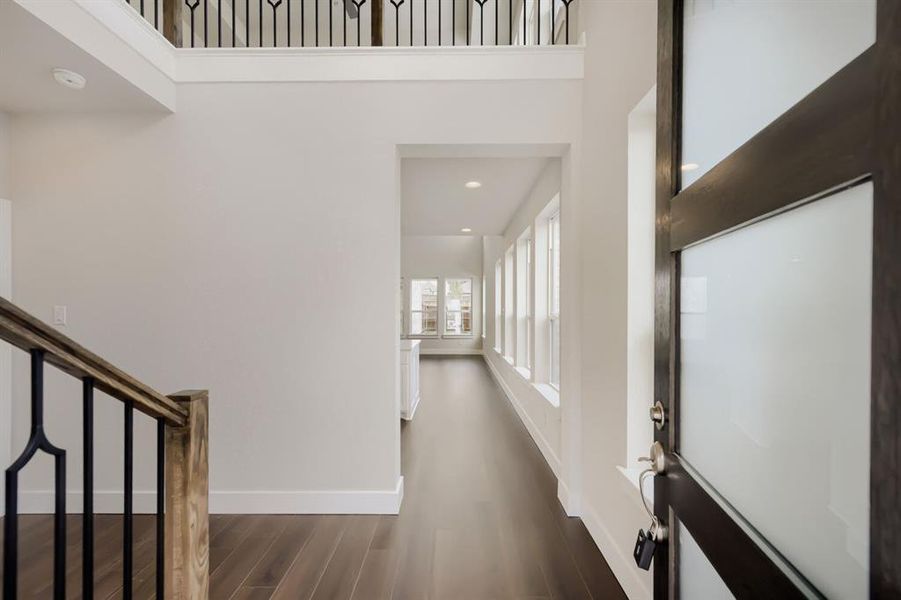 Entryway featuring dark wood-finish flooring and a contemporary front door with frosted glass panels