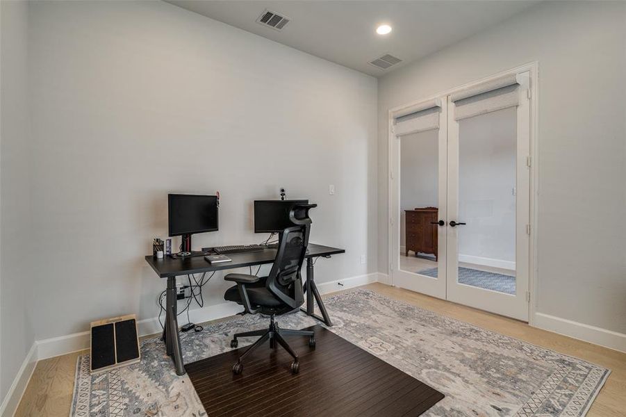 French door to the office and shades for privacy if this space was needed for a bedroom or guest room too. French door to the office and shades for privacy if this space was needed for a bedroom or guest room too.