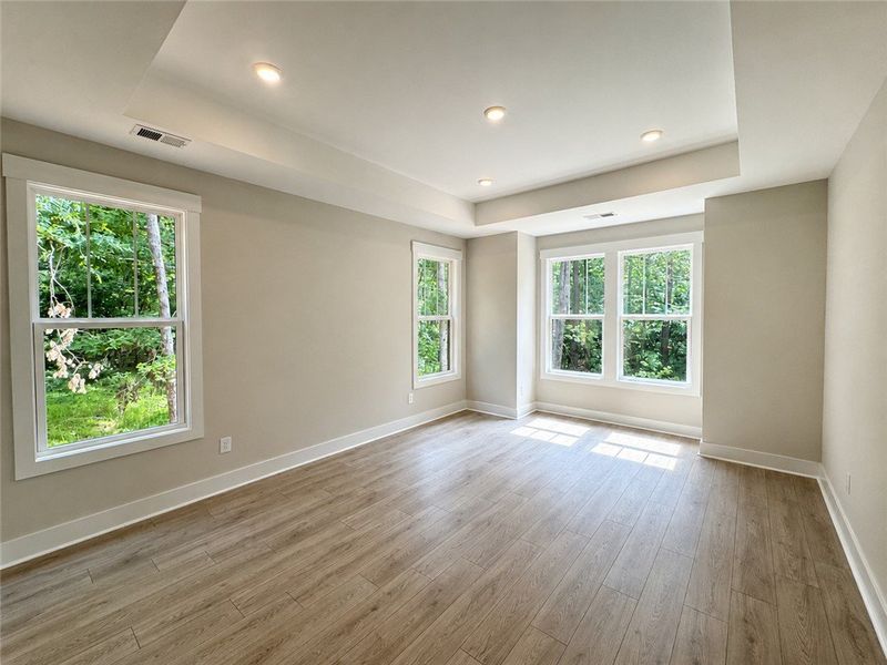 Recessed lighting illuminates this room with gener