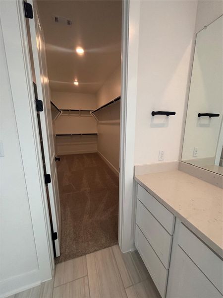 Bathroom with vanity, a walk in closet, and visible vents Bathroom with vanity, a walk in closet, and visible vents