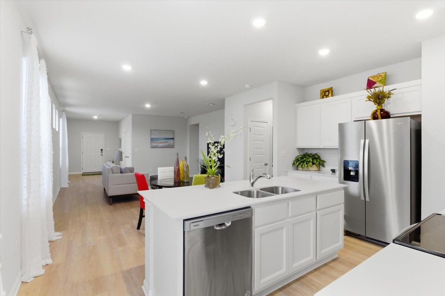 View from kitchen to dining and living room