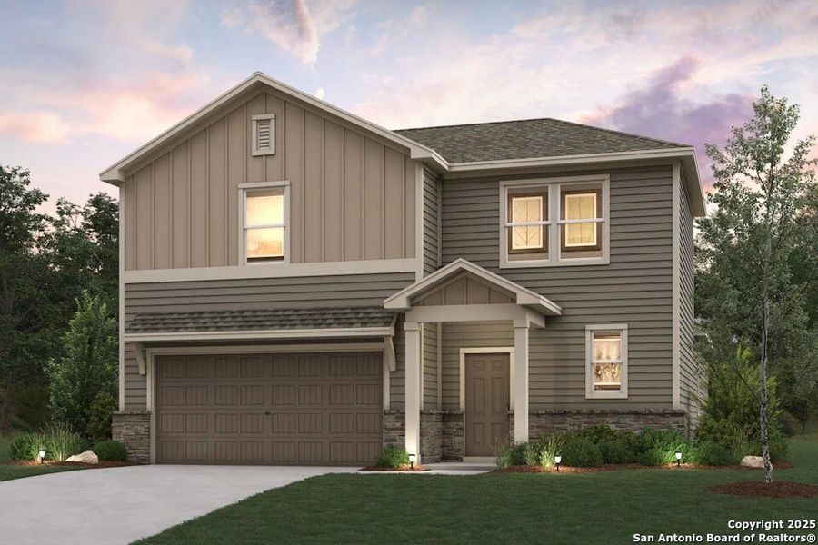 Front exterior of a new home in Hiddenbrooke, Seguin, TX, highlighting curb appeal (Image 1).