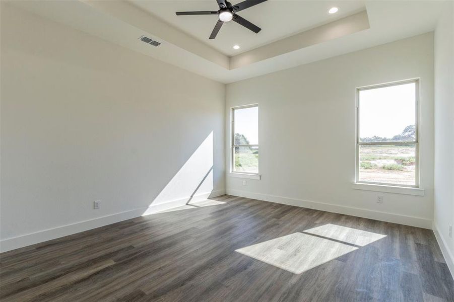 Spare room with a tray ceiling, ceiling fan, and dark hardwood / wood-style floors