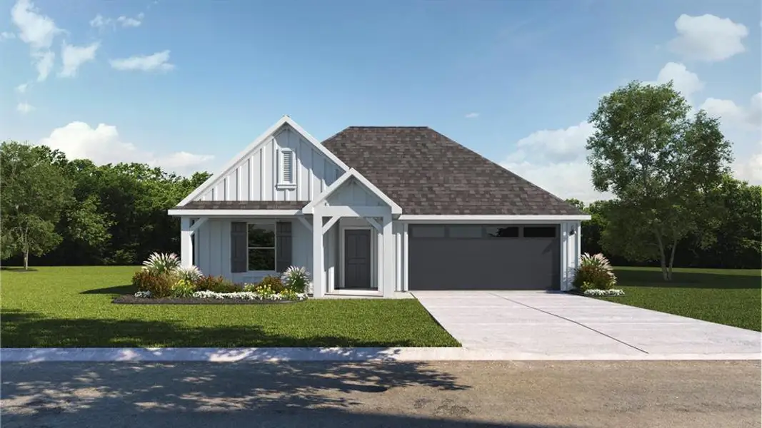 White board and batten siding with dark gray shutters, a dark asphalt shingle roof, and a two-car garage White board and batten siding with dark gray shutters, a dark asphalt shingle roof, and a two-car garage