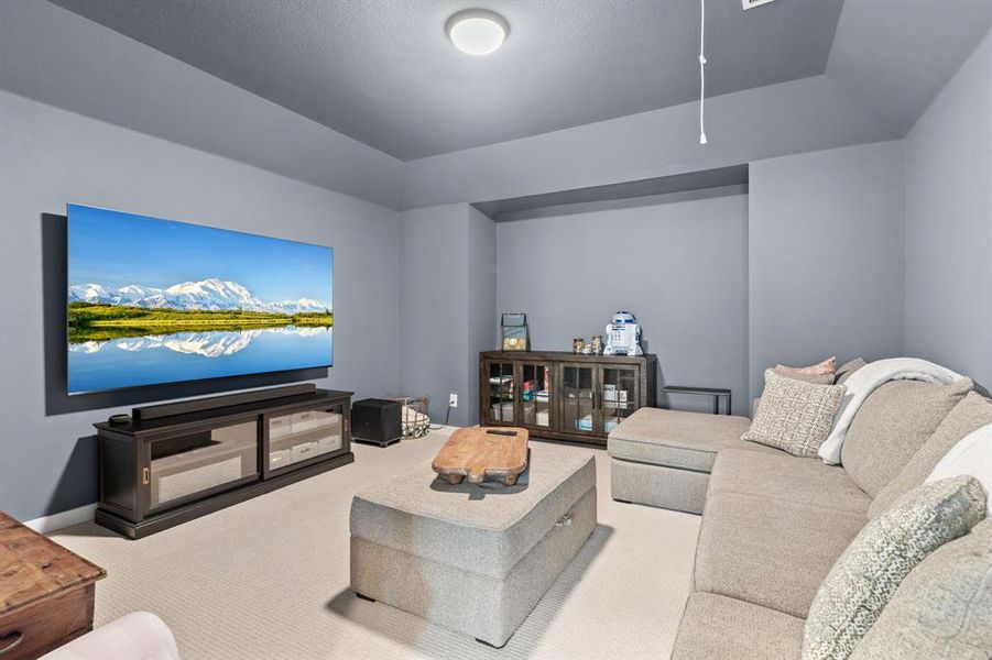 For those who love to enjoy movie nights or watching their favorite sports teams , the open layout media room upstairs allows for flexible seating arrangements ~ perfect for hosting friends or unwinding with family. For those who love to enjoy movie nights or watching their favorite sports teams , the open layout media room upstairs allows for flexible seating arrangements ~ perfect for hosting friends or unwinding with family.