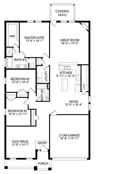 2D floor plan layout for the Brookstone I by Sandlin Homes in Timberbrook, Justin, TX (Image 5).