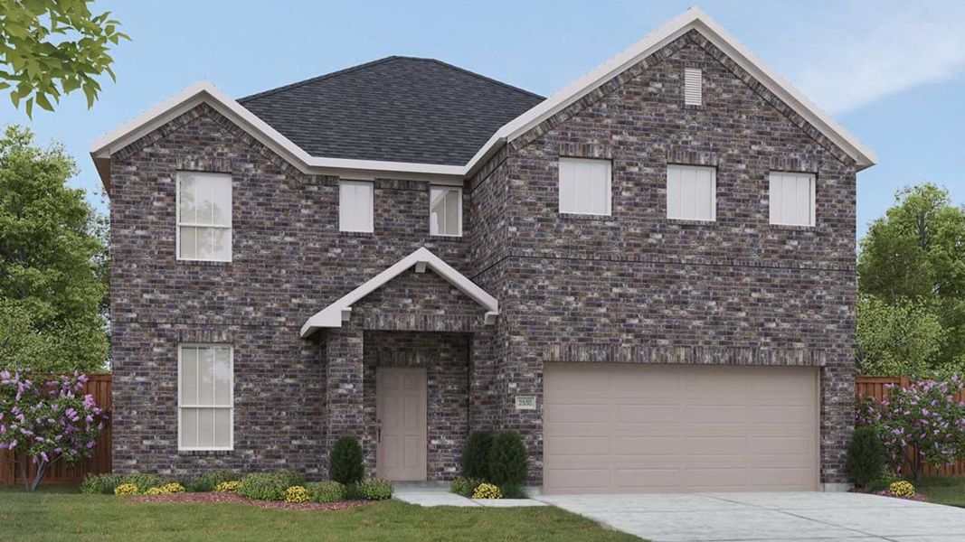 Representative exterior photo of a completed home built from the Majestic by DRB Homes in Creeks Crossing, Elgin, TX (Image 6). Representative exterior photo of a completed home built from the Majestic by DRB Homes in Creeks Crossing, Elgin, TX (Image 6).