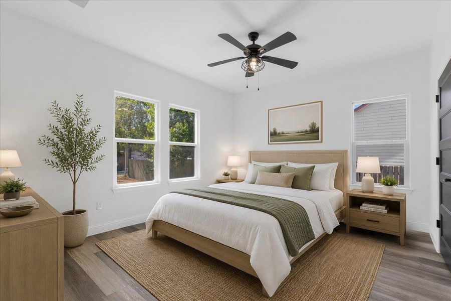 Virtually Staged: Crisp walls and rich wood floors frame a restful space illuminated by tall windows. Virtually Staged: Crisp walls and rich wood floors frame a restful space illuminated by tall windows.
