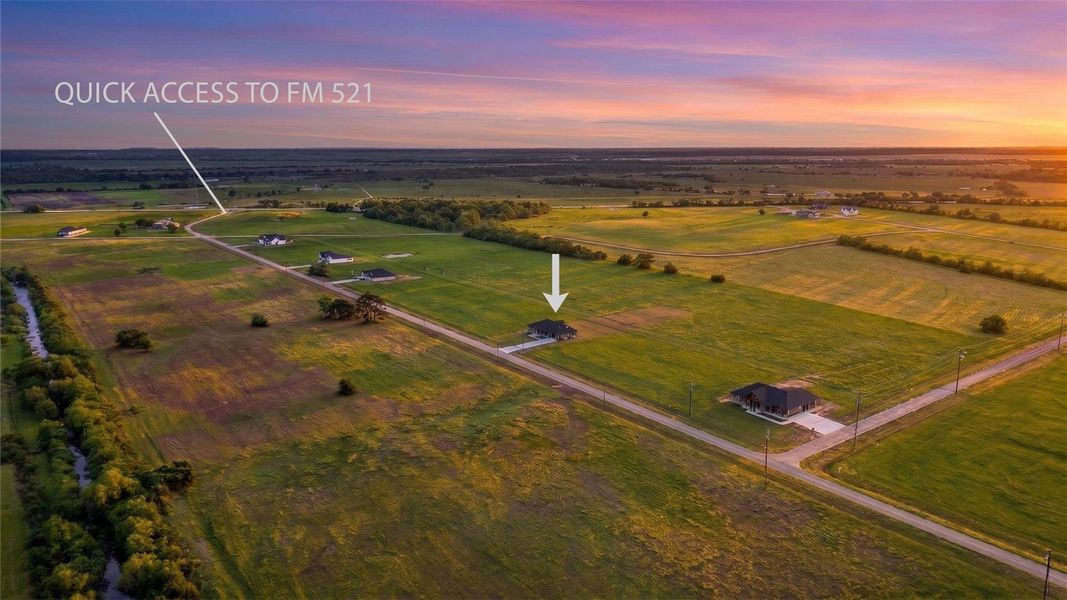 Positioned near the entrance of Bar X Ranch, this location offers the benefit of quicker access to FM 521 while still enjoying the spacious surroundings the neighborhood is known for. Photo digitally enhanced to simulate twilight conditions.