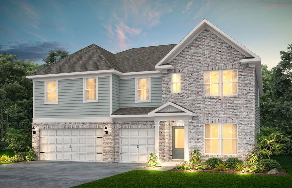 Front exterior of a new home in Haverhill Estates, Dacula, GA, highlighting curb appeal (Image 1).