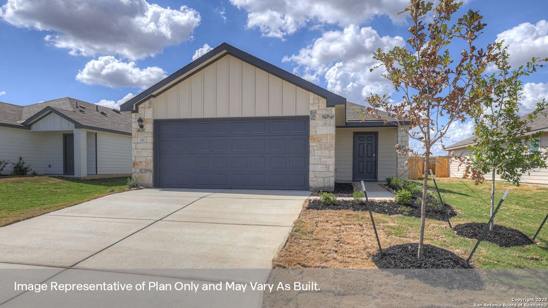 Front exterior of a new home in Spring Valley, New Braunfels, TX, highlighting curb appeal (Image 1). Front exterior of a new home in Spring Valley, New Braunfels, TX, highlighting curb appeal (Image 1).