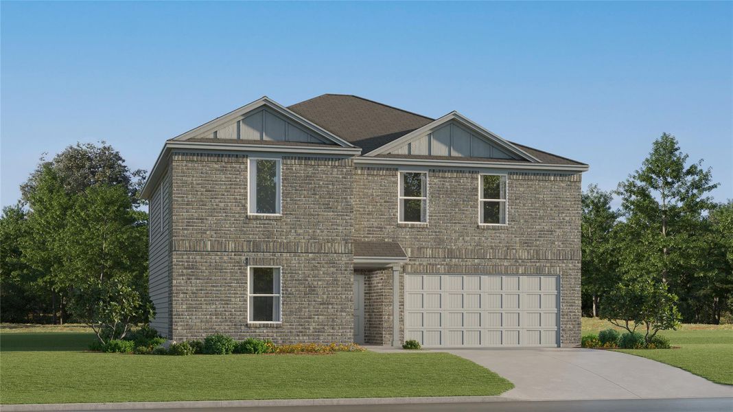 Front exterior of a new home in River Bridge Ranch, San Marcos, TX, highlighting curb appeal (Image 20).