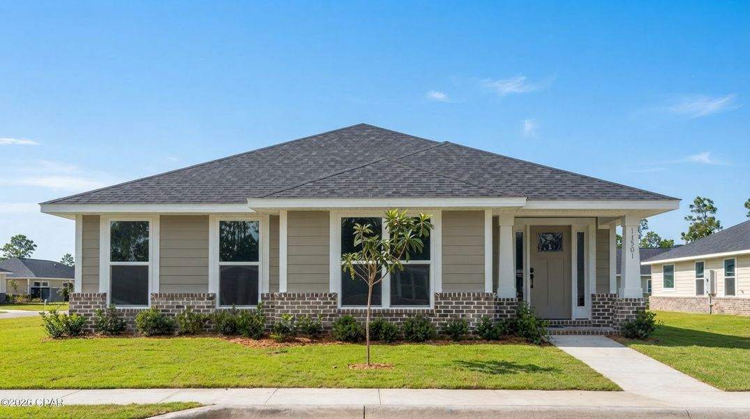 Front exterior of a new home in East Bay, Panama City, FL, highlighting curb appeal (Image 1). Front exterior of a new home in East Bay, Panama City, FL, highlighting curb appeal (Image 1).