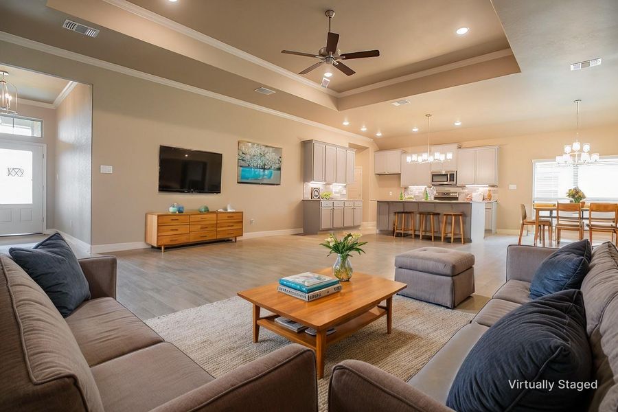 Living room featuring baseboards, a wealth of natural light, and a raised ceiling