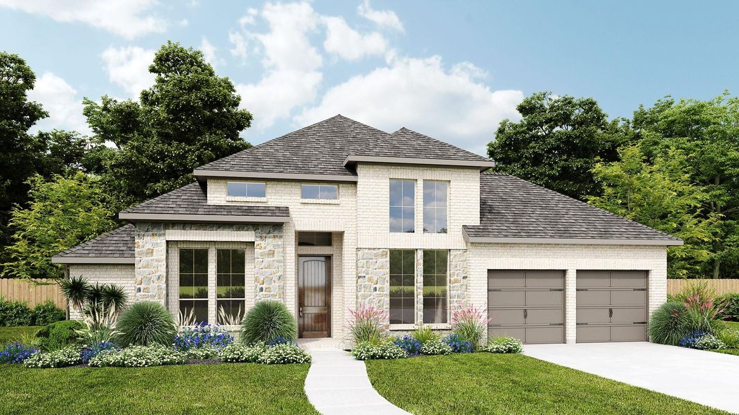 Front exterior of a new home in Jordan Ranch, Fulshear, TX, highlighting curb appeal (Image 1). Front exterior of a new home in Jordan Ranch, Fulshear, TX, highlighting curb appeal (Image 1).