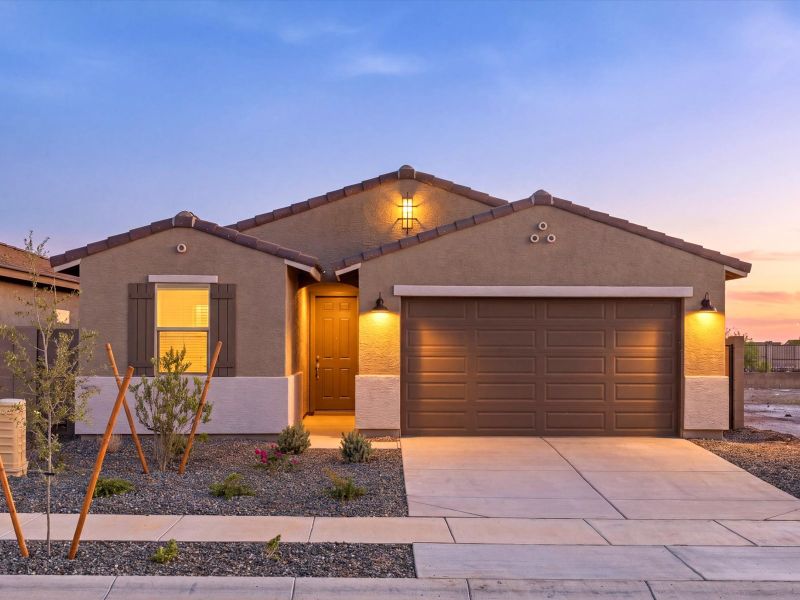 Front exterior of a new home in Paloma Creek - Estate Series, Surprise, AZ, highlighting curb appeal (Image 1). Front exterior of a new home in Paloma Creek - Estate Series, Surprise, AZ, highlighting curb appeal (Image 1).