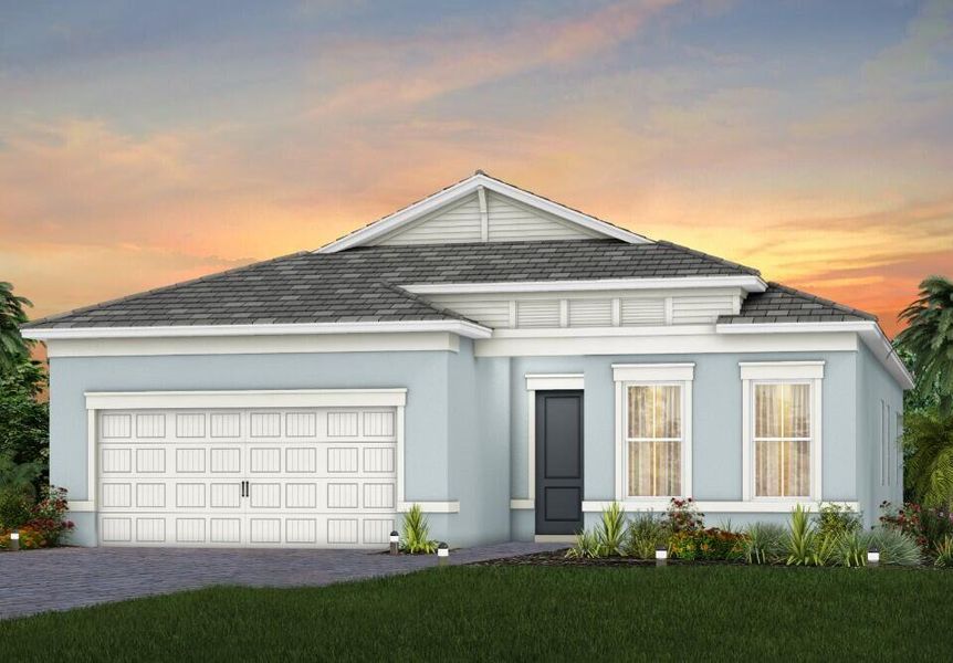 Front exterior of a new home in Highpointe, Stuart, FL, highlighting curb appeal (Image 1).