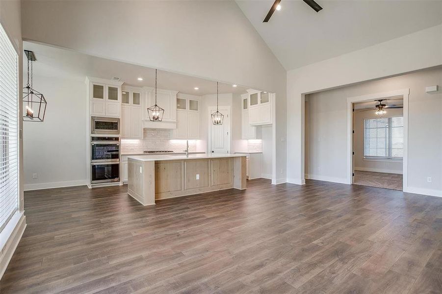 Kitchen featuring stainless steel appliances, a large island, ceiling fan, and dark wood-type flooring