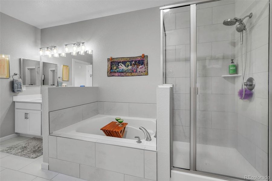 Double Sinks, Soaking Tub and Shower