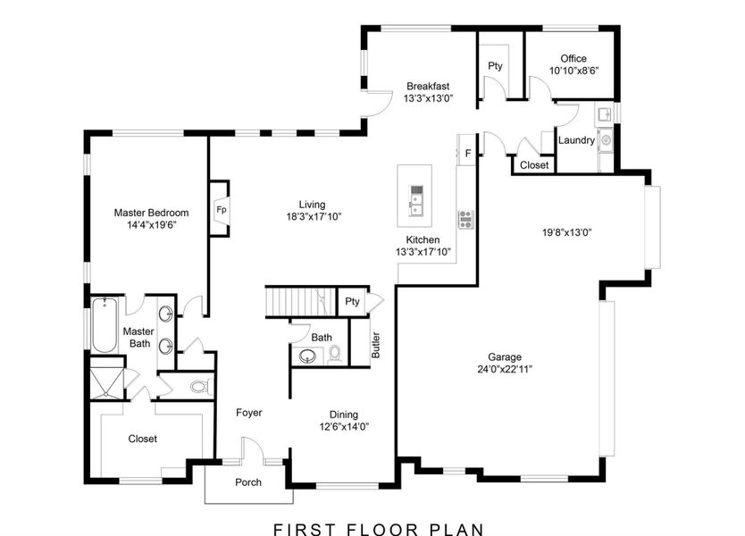 1st floor layout.  Please note entrance to basement is under main set of stairs.  1000 sq ft finished in basement.  Covered rear porch off of breakfast room