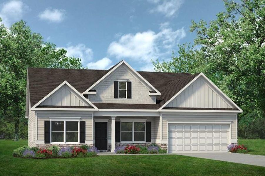 Front exterior of a new home in Jones Ridge, Dallas, GA, highlighting curb appeal (Image 1).