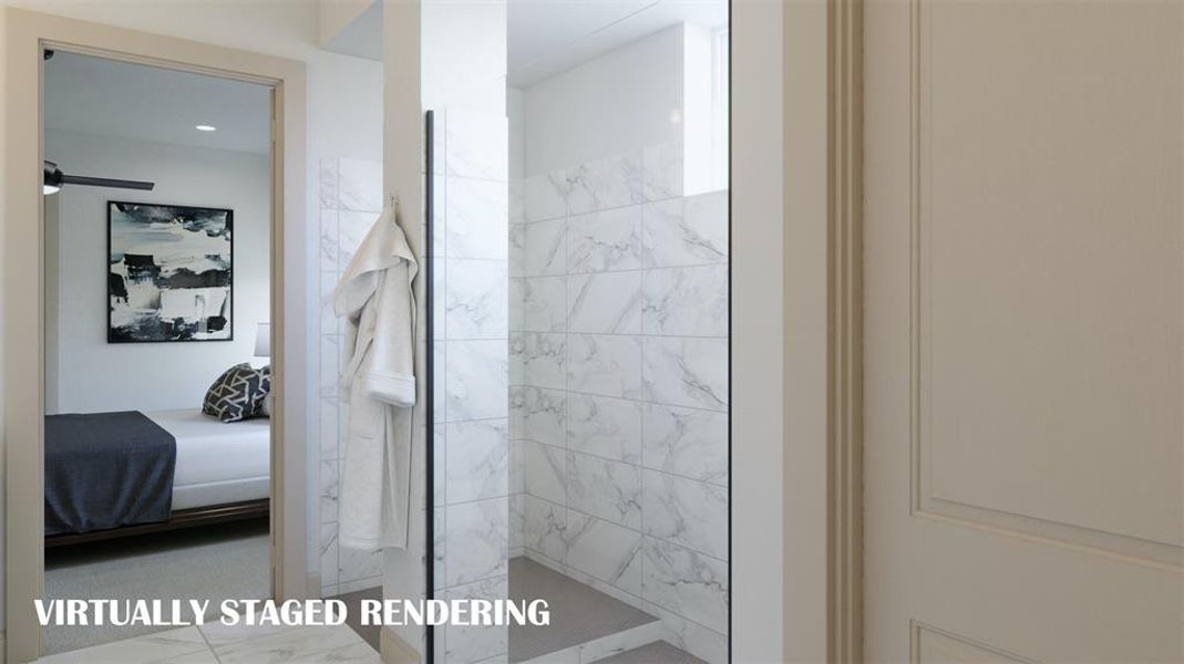 The  owner's bath oversized walk in shower is the perfect place to start or end your day!  VIRTUALLY STAGED RENDERING