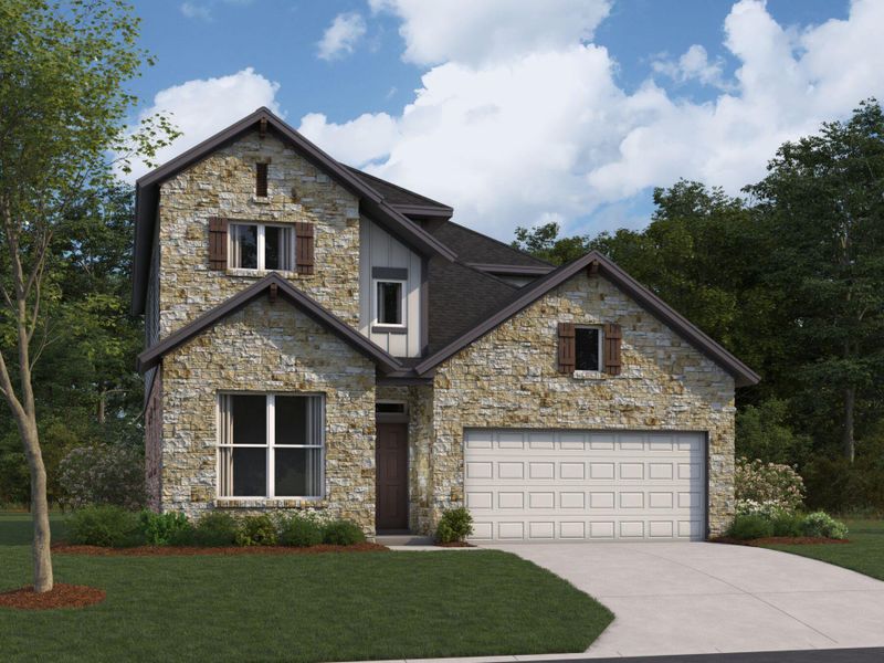 Front exterior of a new home in Cedar Brook, Leander, TX, highlighting curb appeal (Image 1). Front exterior of a new home in Cedar Brook, Leander, TX, highlighting curb appeal (Image 1).