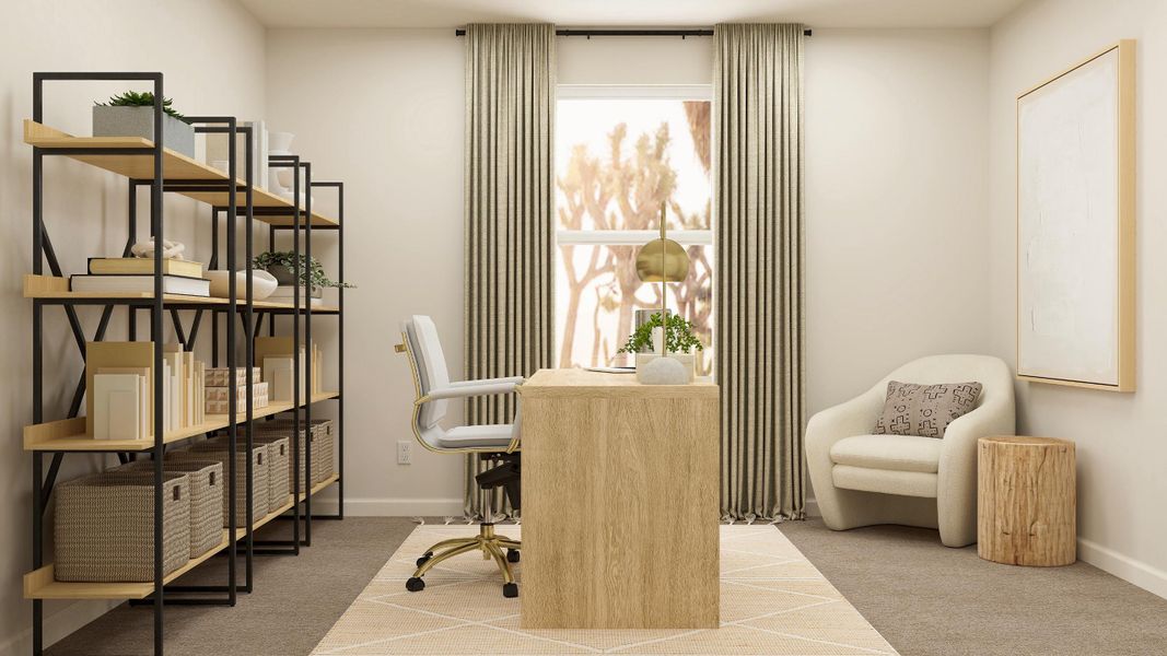 A room with a shelf and chairs.