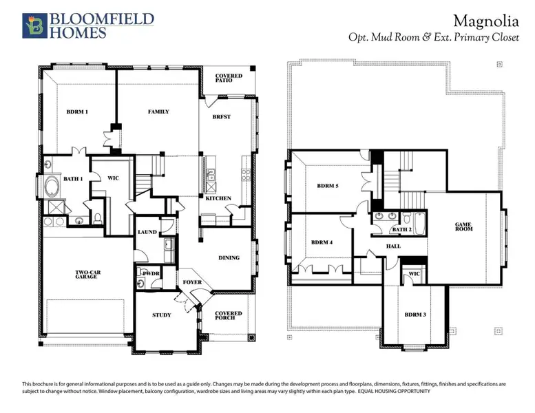 Bloomfield Homes Magnolia two-story floor plan with 5 bedrooms, game room, study, and two-car garage. Bloomfield Homes Magnolia two-story floor plan with 5 bedrooms, game room, study, and two-car garage.