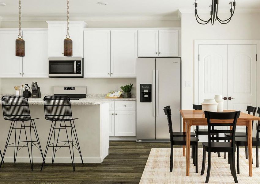 Rendering of the dining area next to the
  kitchen. The space has vinyl plank flooring and a sliding glass door and is
  furnished with a six-person table.