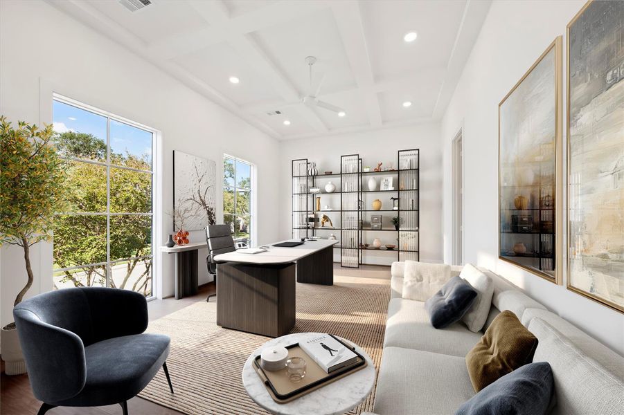 Millwork details on the ceiling formalize this home office with tree top views, and enough room for a sitting area. North-facing windows providing stunning, soft natural light. This space also includes an en suite full bathroom. Could be a first floor bedroom suite. *Virtually staged. Millwork details on the ceiling formalize this home office with tree top views, and enough room for a sitting area. North-facing windows providing stunning, soft natural light. This space also includes an en suite full bathroom. Could be a first floor bedroom suite. *Virtually staged.