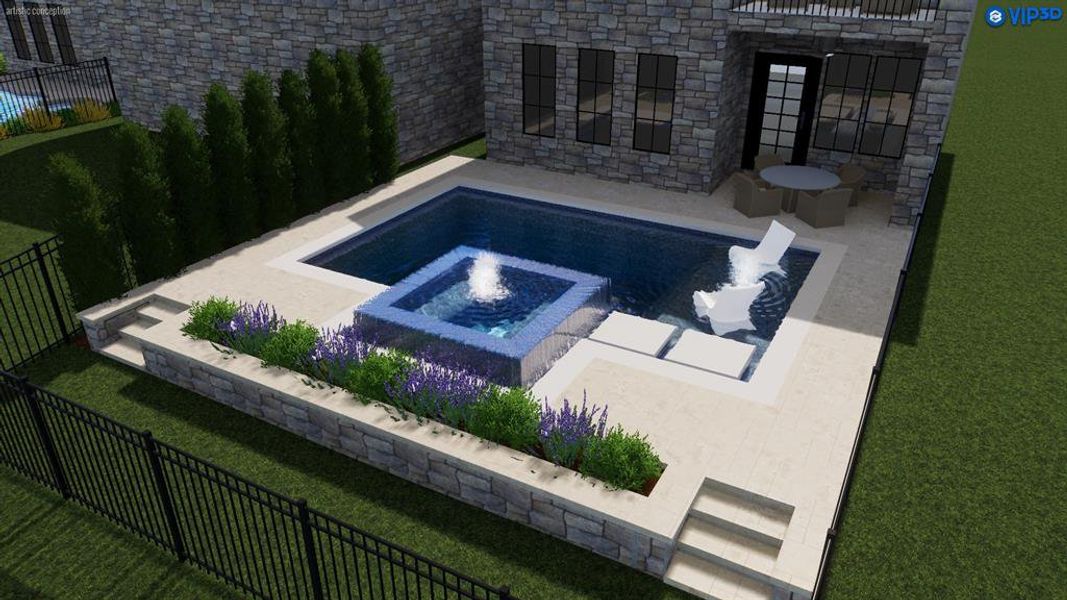 This rendering showcases a pool option that can be added. The spacious lot offers plenty of room to create your own private backyard retreat.