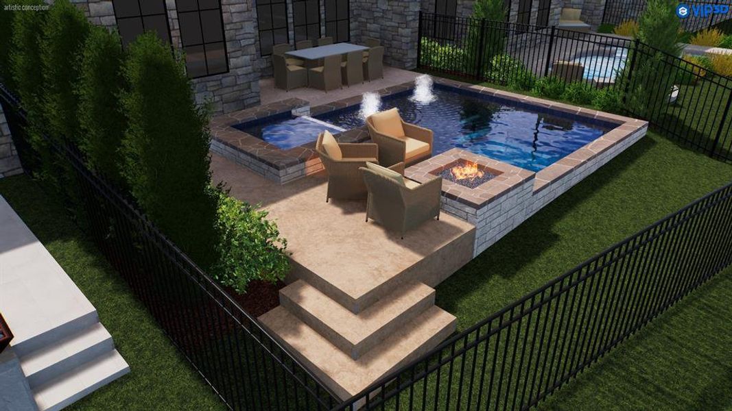 This rendering showcases a pool option that can be added. The spacious lot offers plenty of room to create your own private backyard retreat.