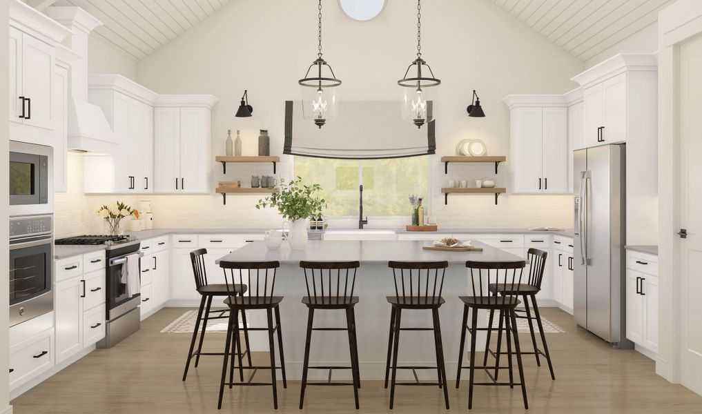 Kitchen with pendant lighting and floating shelves