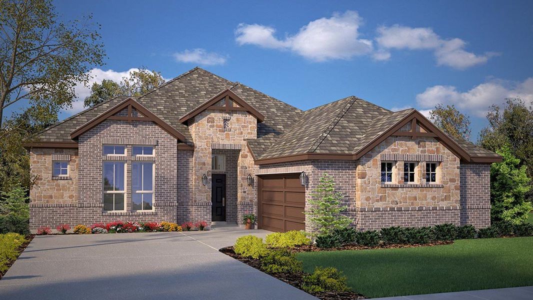 Front exterior of a new home in Lakeview Pointe, Grand Prairie, TX, highlighting curb appeal (Image 1). Front exterior of a new home in Lakeview Pointe, Grand Prairie, TX, highlighting curb appeal (Image 1).