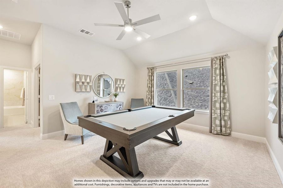 Game room with pool table, vaulted ceiling, ceiling fan, and carpet flooring