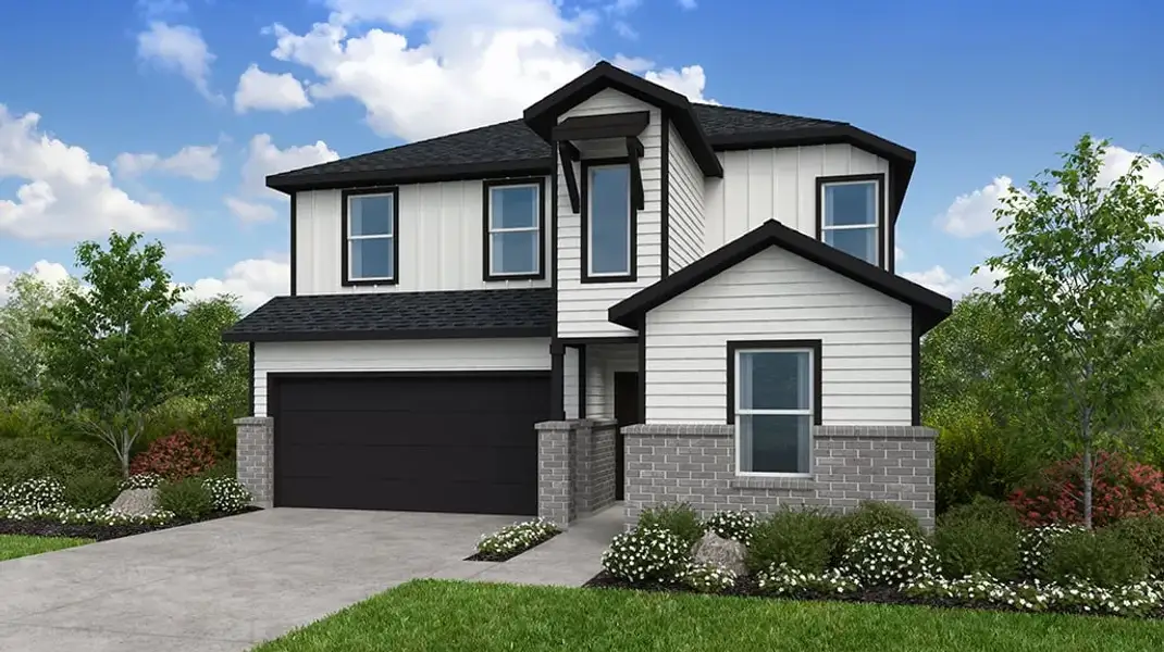 Front exterior of a new home in Firesong, Montgomery, TX, highlighting curb appeal (Image 1). Front exterior of a new home in Firesong, Montgomery, TX, highlighting curb appeal (Image 1).