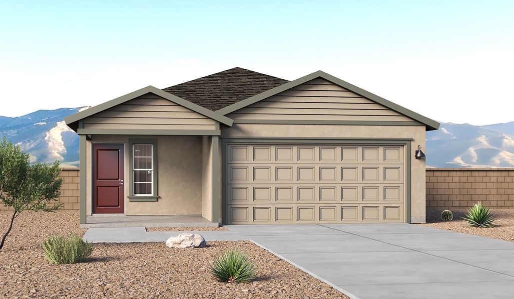 Front exterior of a new home in Blackhawk, Tucson, AZ, highlighting curb appeal (Image 1). Front exterior of a new home in Blackhawk, Tucson, AZ, highlighting curb appeal (Image 1).