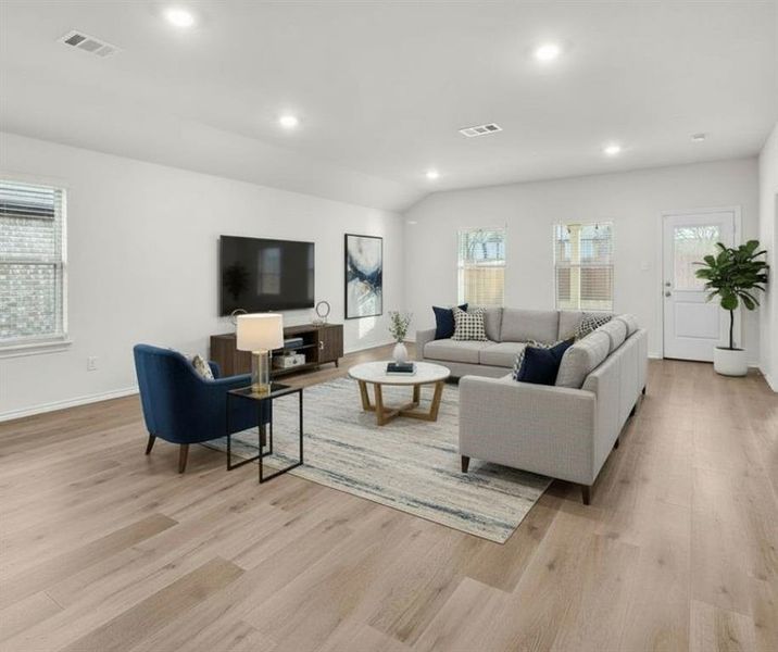 Living room view of 2232 Lattimore St, Denton, TX 76209. Virtually Staged.