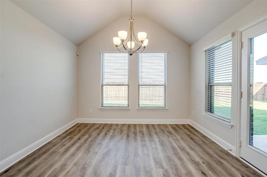 Spare room with light hardwood / wood-style floors, vaulted ceiling, and plenty of natural light