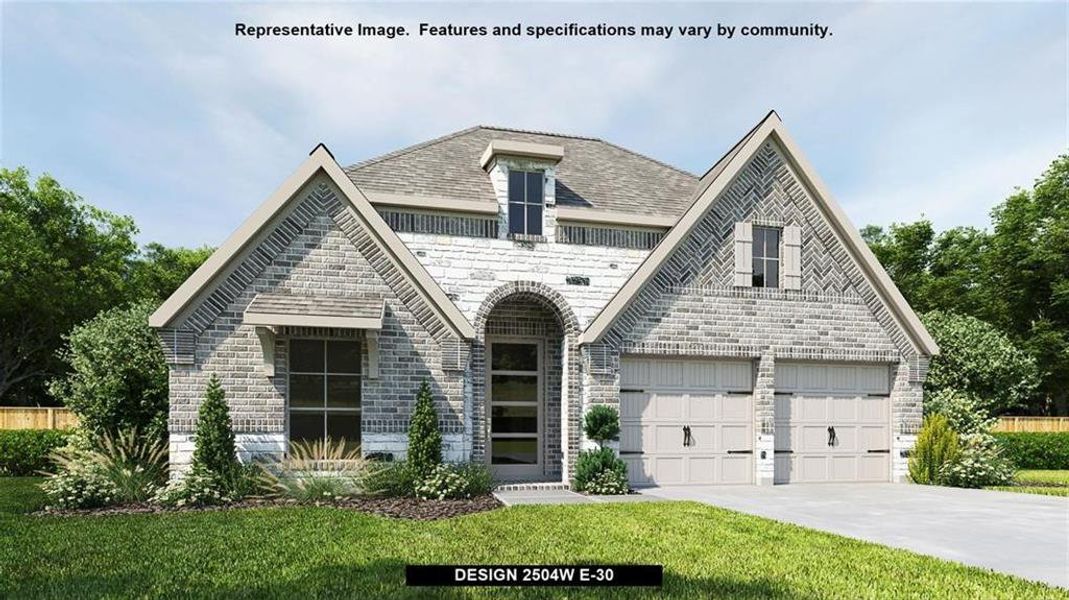 View of front facade with a front lawn and a garage