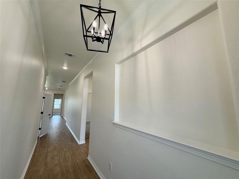 Hallway featuring crown molding, dark wood finished floors, and a chandelier