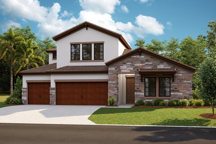 Representative exterior photo of a completed home built from the Hyde Park IV by Homes by WestBay in Pasadena Ridge, Pasadena Hills, FL (Image 5).