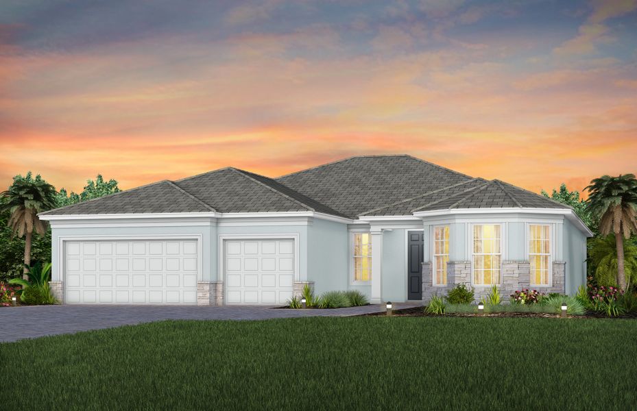 Front exterior of a new home in Del Webb Tradition, Port St. Lucie, FL, highlighting curb appeal (Image 2). Front exterior of a new home in Del Webb Tradition, Port St. Lucie, FL, highlighting curb appeal (Image 2).